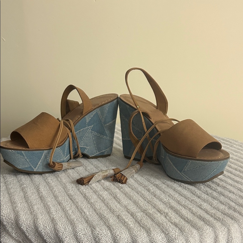 Guess Tan and Blue Wedge Sandals